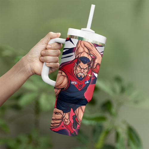 Melbourne Football Club Tumbler With Handle Demons Muscular Mascot Graphic - Abstract Paint Splatter Art