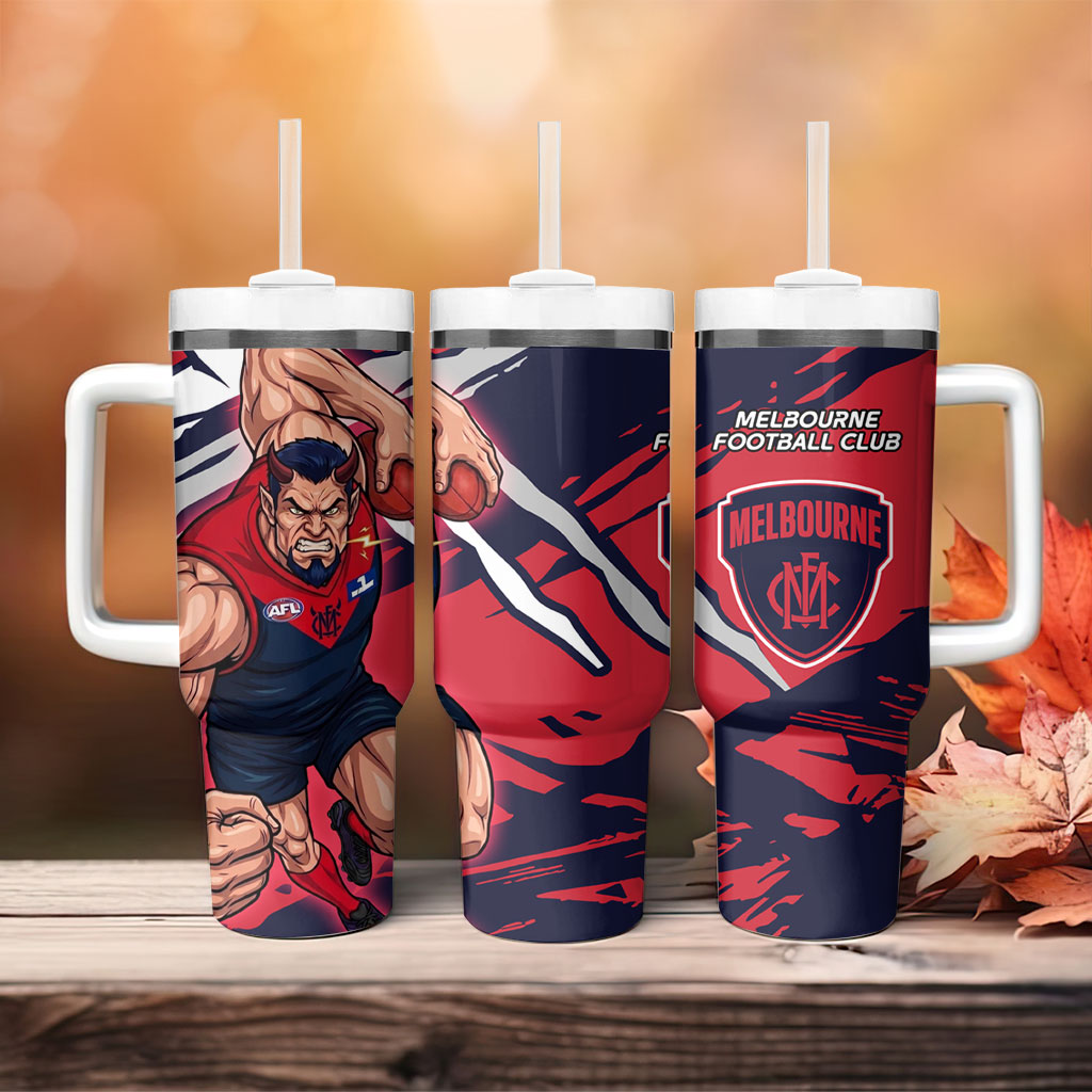 Melbourne Football Club Tumbler With Handle Demons Muscular Mascot Graphic - Abstract Paint Splatter Art