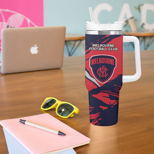 Melbourne Football Club Tumbler With Handle Demons Muscular Mascot Graphic - Abstract Paint Splatter Art