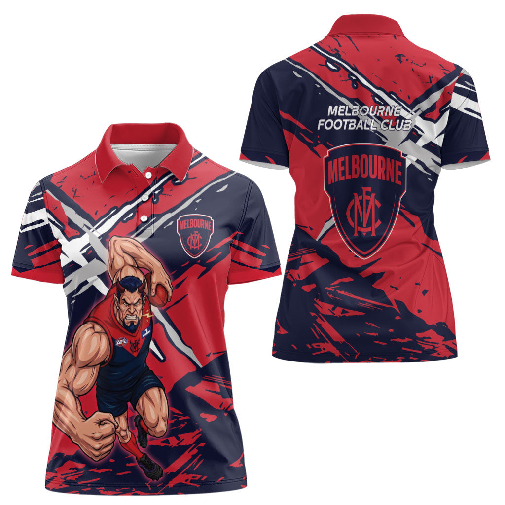 Melbourne Football Club Women Polo Shirt Demons Muscular Mascot Graphic - Abstract Paint Splatter Art