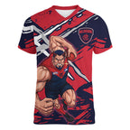 Melbourne Football Club Women V-Neck T-Shirt Demons Muscular Mascot Graphic - Abstract Paint Splatter Art