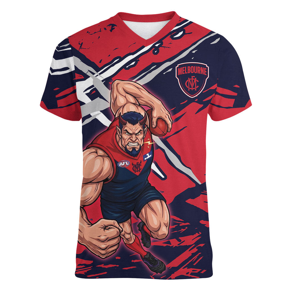 Melbourne Football Club Women V-Neck T-Shirt Demons Muscular Mascot Graphic - Abstract Paint Splatter Art