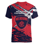 Melbourne Football Club Women V-Neck T-Shirt Demons Muscular Mascot Graphic - Abstract Paint Splatter Art