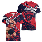 Melbourne Football Club Women V-Neck T-Shirt Demons Muscular Mascot Graphic - Abstract Paint Splatter Art
