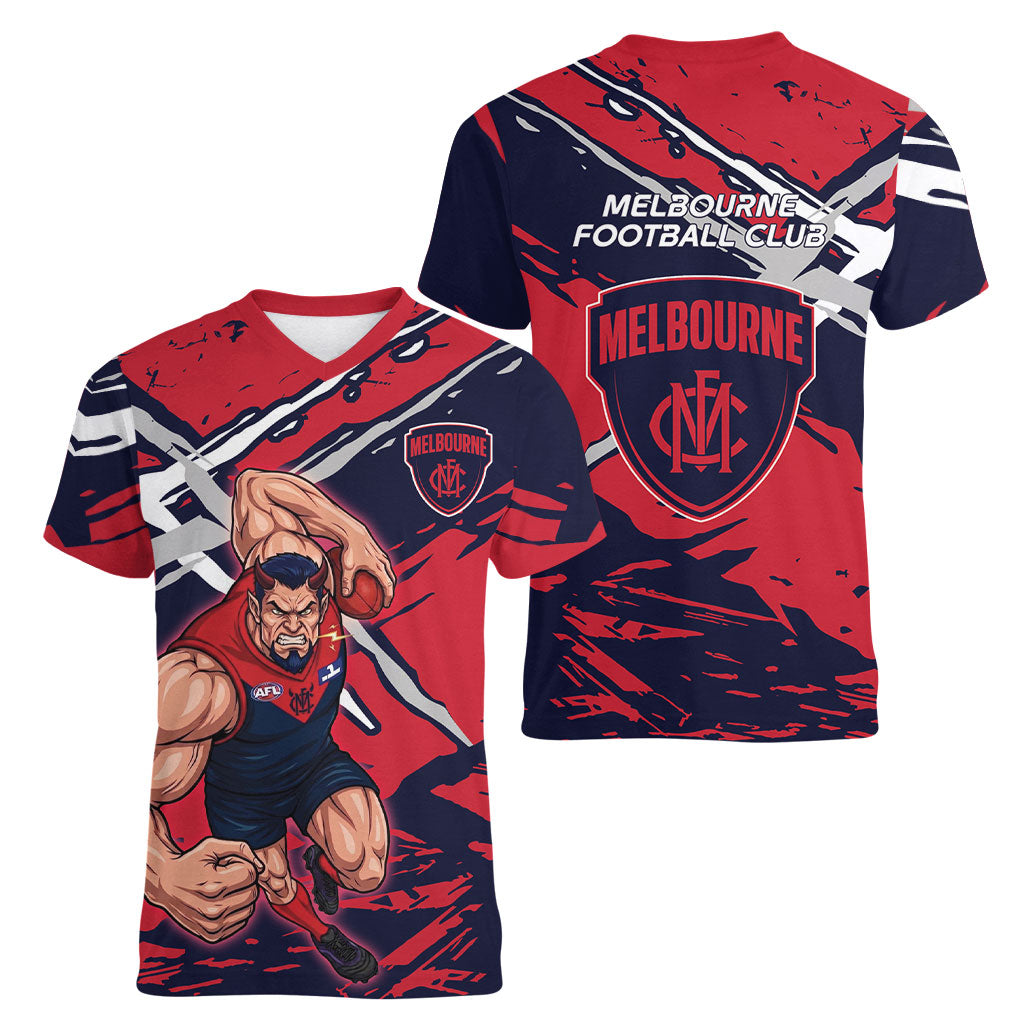 Melbourne Football Club Women V-Neck T-Shirt Demons Muscular Mascot Graphic - Abstract Paint Splatter Art