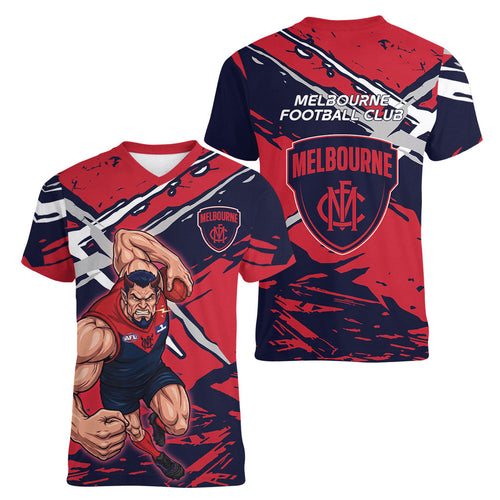 Melbourne Football Club Women V-Neck T-Shirt Demons Muscular Mascot Graphic - Abstract Paint Splatter Art