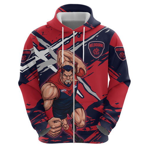 Melbourne Football Club Zip Hoodie Demons Muscular Mascot Graphic - Abstract Paint Splatter Art