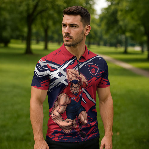 Melbourne Football Club Zipper Polo Shirt Demons Muscular Mascot Graphic - Abstract Paint Splatter Art