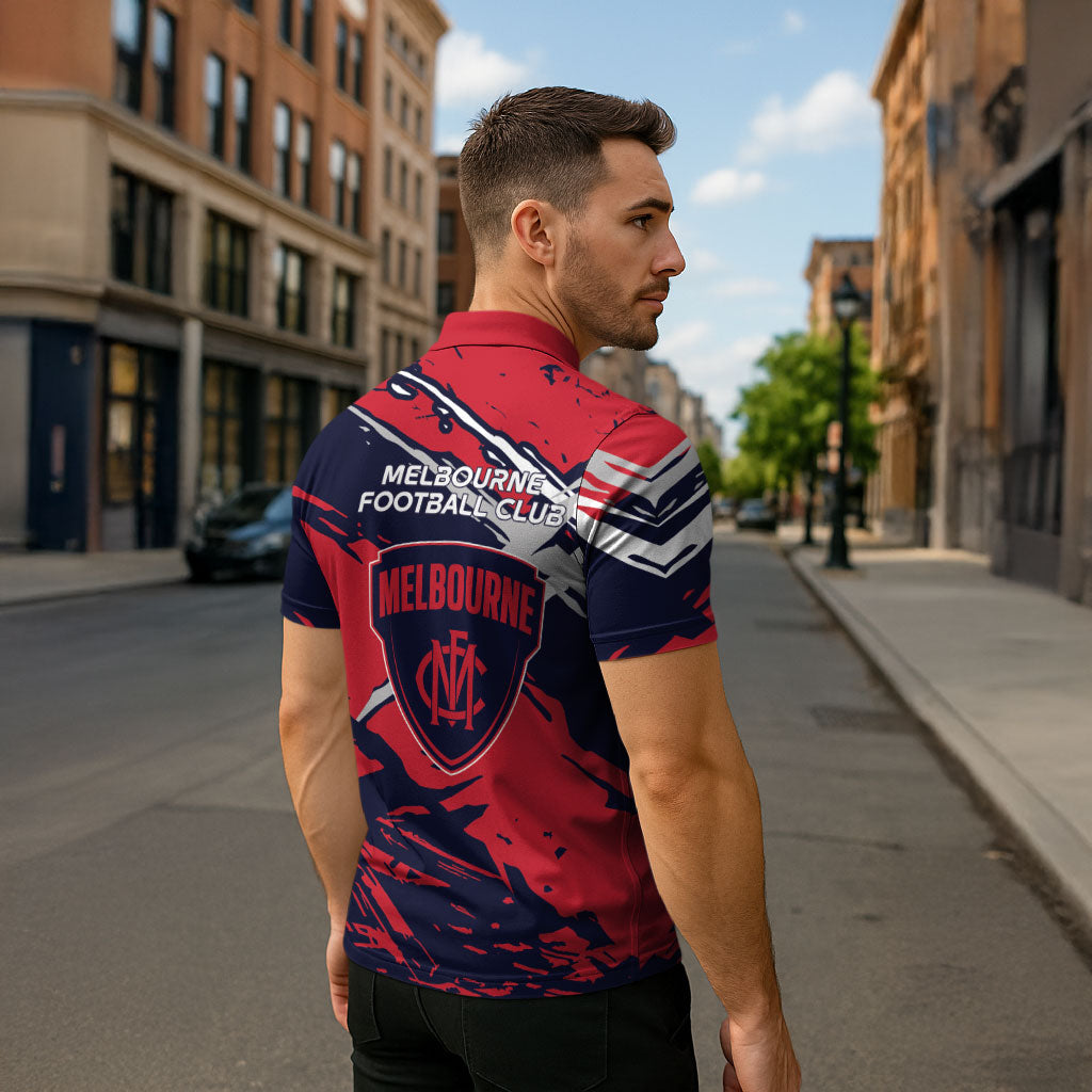 Melbourne Football Club Zipper Polo Shirt Demons Muscular Mascot Graphic - Abstract Paint Splatter Art