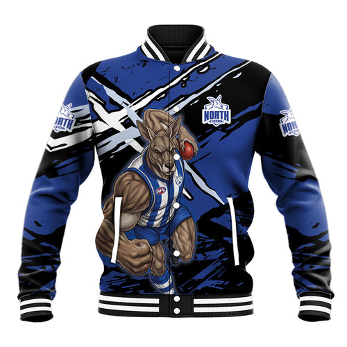 North Melbourne Football Club Baseball Jacket Kangaroos Muscular Mascot Graphic - Abstract Paint Splatter Art