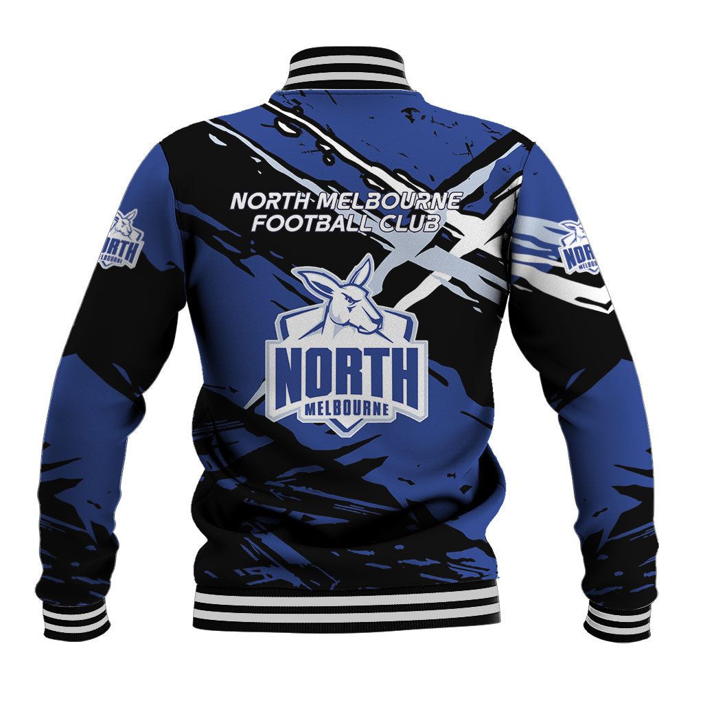North Melbourne Football Club Baseball Jacket Kangaroos Muscular Mascot Graphic - Abstract Paint Splatter Art