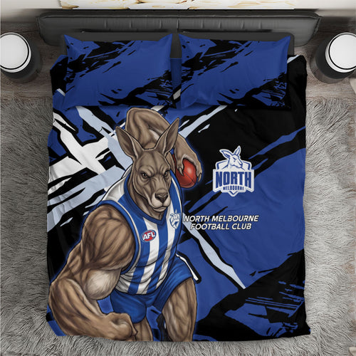 North Melbourne Football Club Bedding Set Kangaroos Muscular Mascot Graphic - Abstract Paint Splatter Art