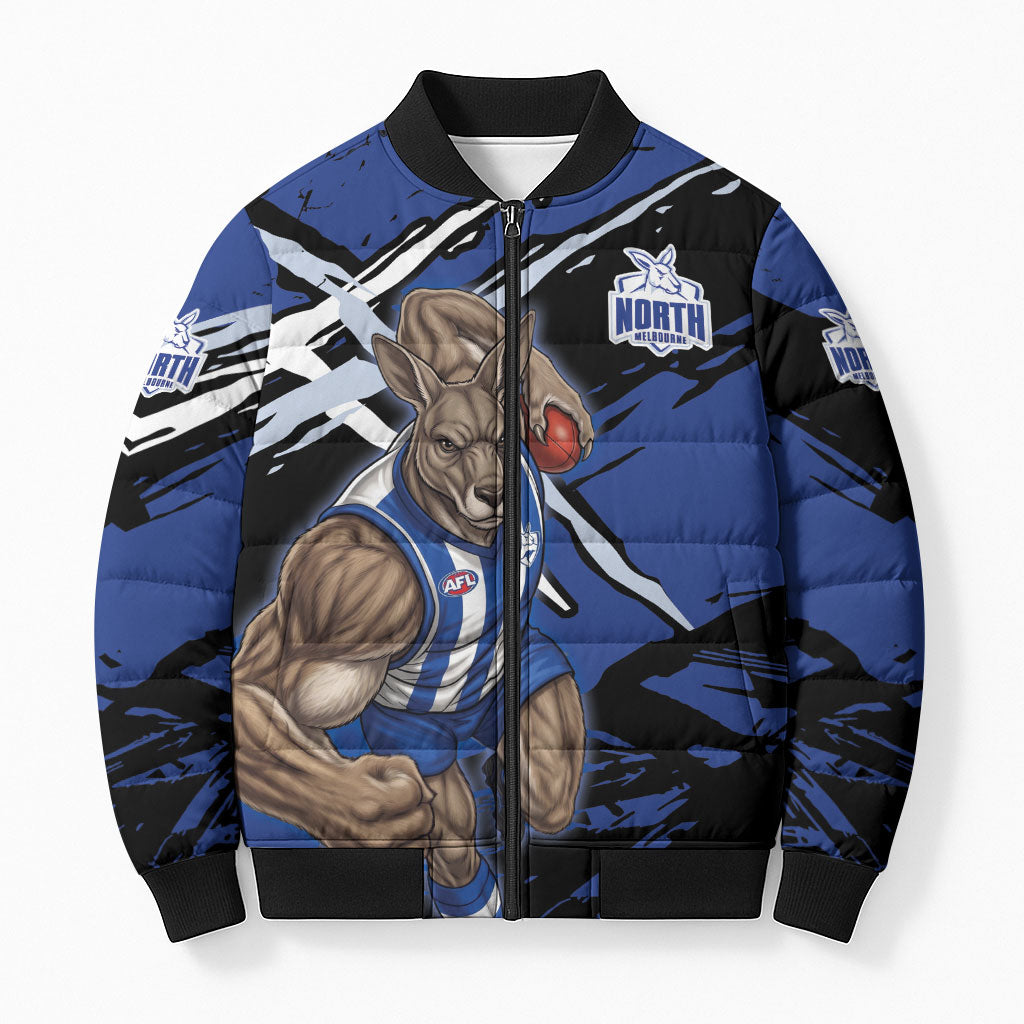 North Melbourne Football Club Bomber Puffer Jacket Kangaroos Muscular Mascot Graphic - Abstract Paint Splatter Art