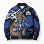 North Melbourne Football Club Bomber Puffer Jacket Kangaroos Muscular Mascot Graphic - Abstract Paint Splatter Art