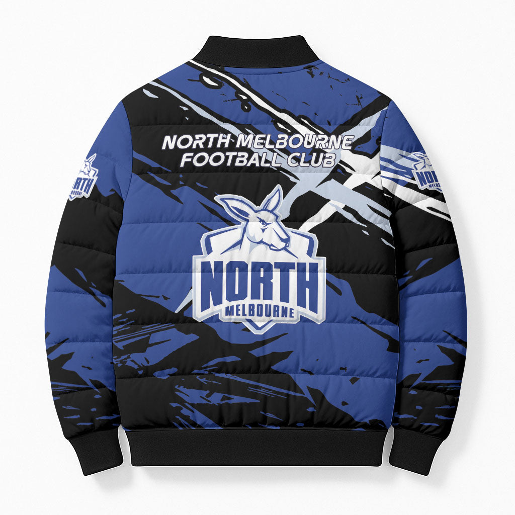 North Melbourne Football Club Bomber Puffer Jacket Kangaroos Muscular Mascot Graphic - Abstract Paint Splatter Art