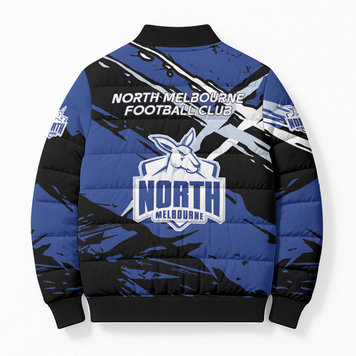 North Melbourne Football Club Bomber Puffer Jacket Kangaroos Muscular Mascot Graphic - Abstract Paint Splatter Art