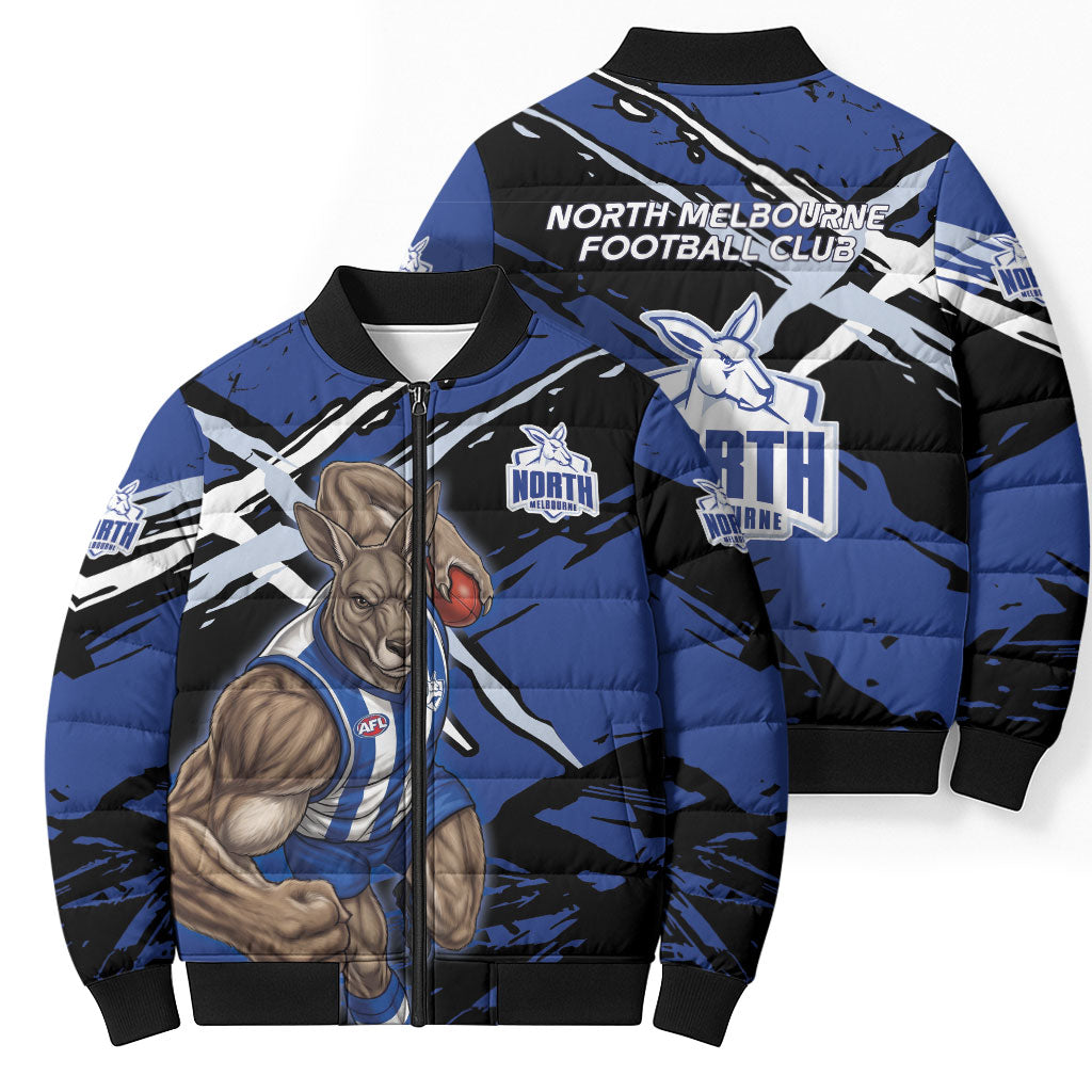 North Melbourne Football Club Bomber Puffer Jacket Kangaroos Muscular Mascot Graphic - Abstract Paint Splatter Art