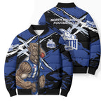 North Melbourne Football Club Bomber Puffer Jacket Kangaroos Muscular Mascot Graphic - Abstract Paint Splatter Art