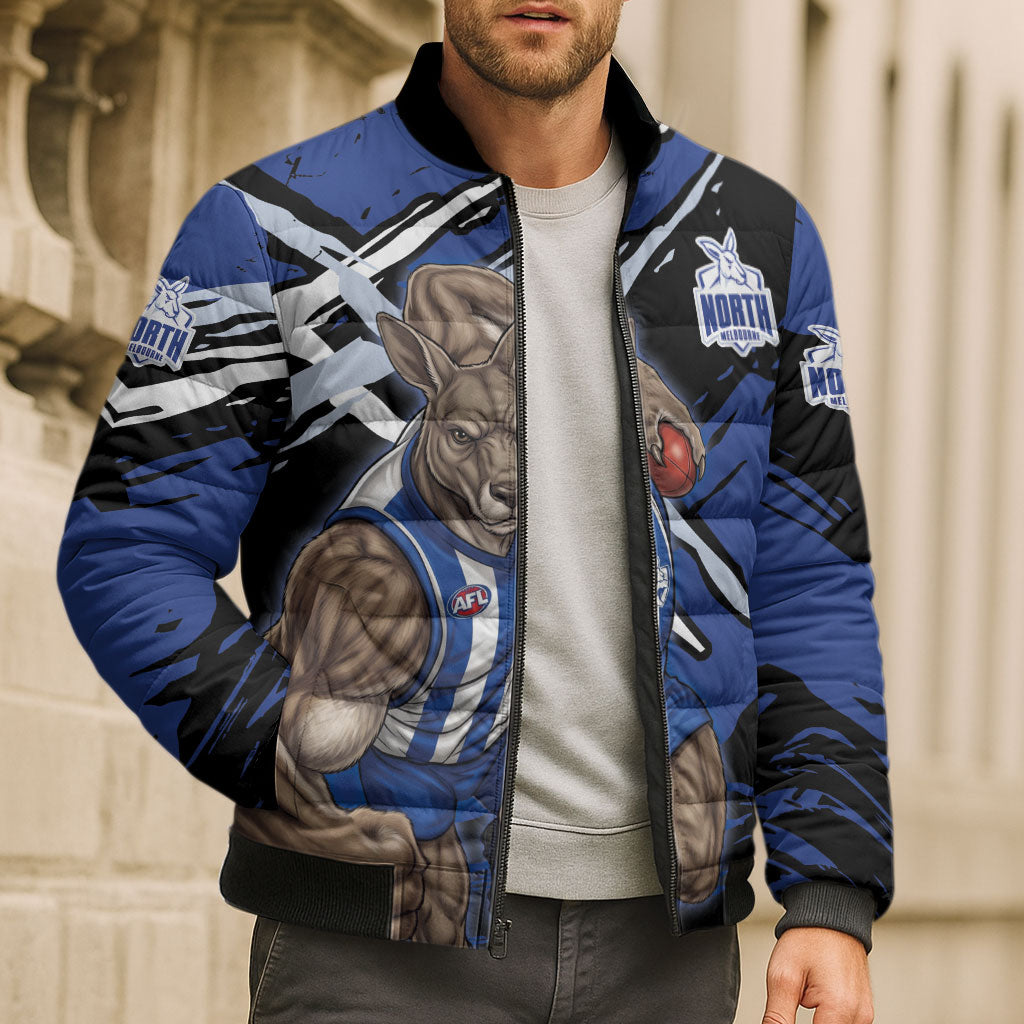 North Melbourne Football Club Bomber Puffer Jacket Kangaroos Muscular Mascot Graphic - Abstract Paint Splatter Art