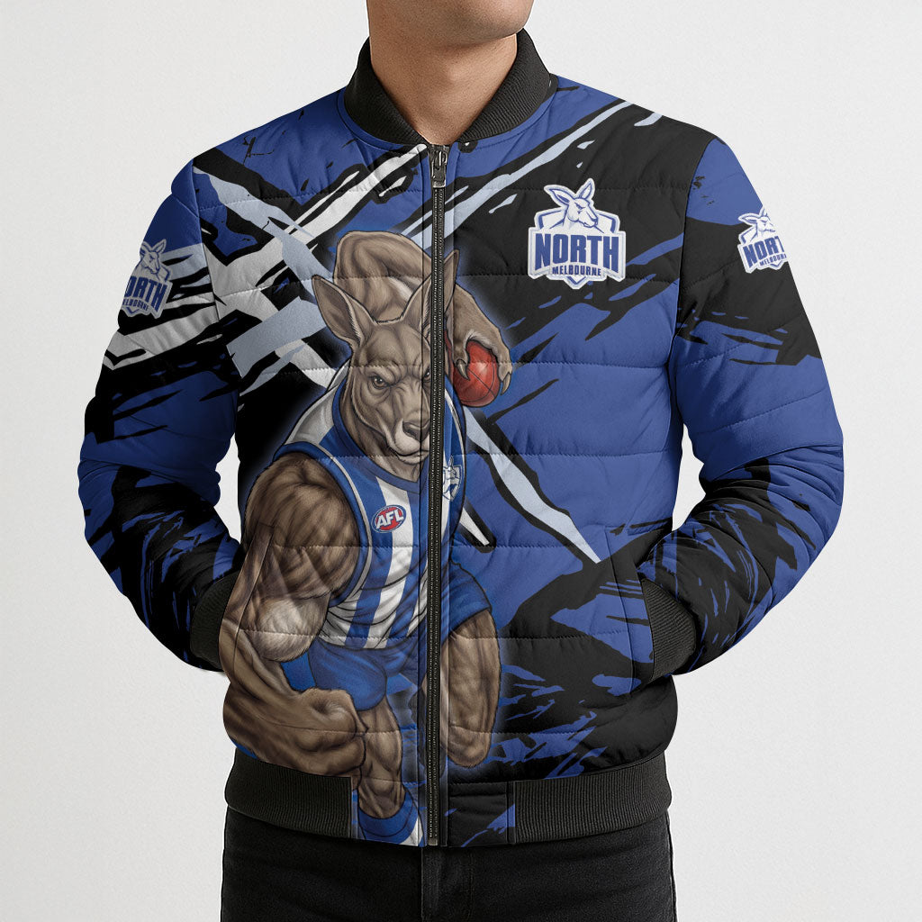 North Melbourne Football Club Bomber Puffer Jacket Kangaroos Muscular Mascot Graphic - Abstract Paint Splatter Art
