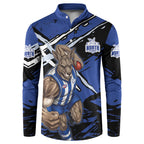 North Melbourne Football Club Button Sweatshirt Kangaroos Muscular Mascot Graphic - Abstract Paint Splatter Art