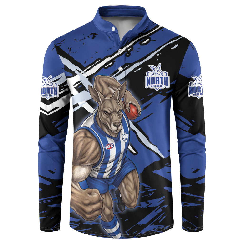 North Melbourne Football Club Button Sweatshirt Kangaroos Muscular Mascot Graphic - Abstract Paint Splatter Art