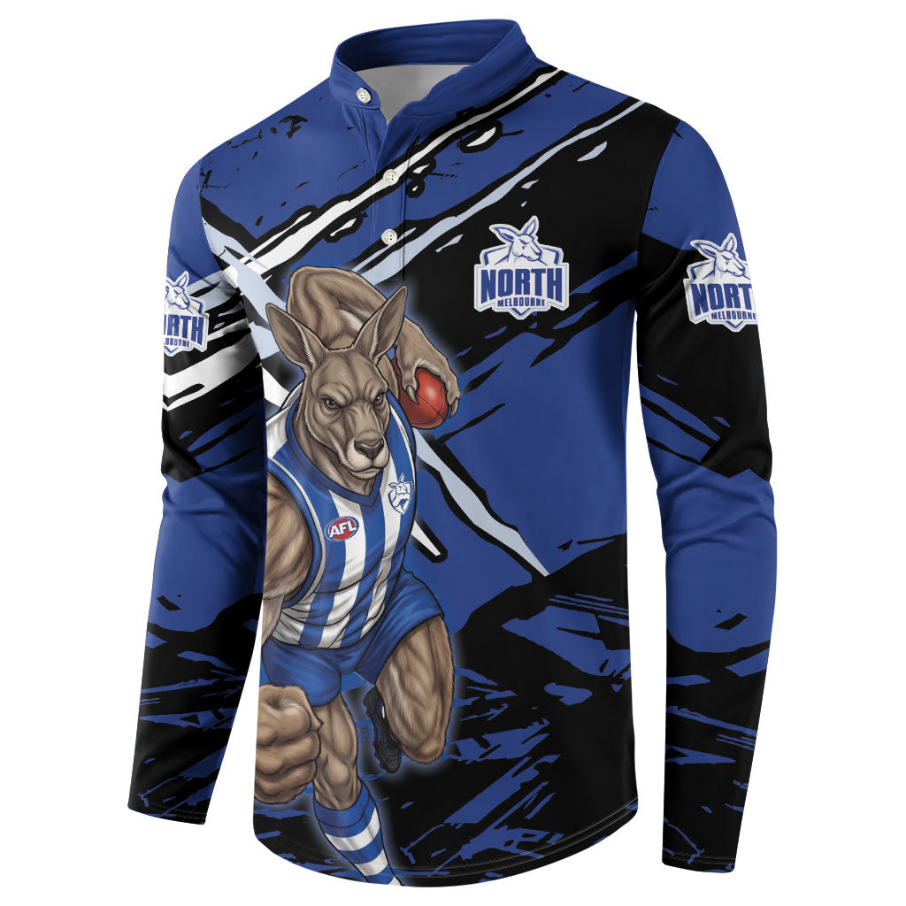 North Melbourne Football Club Button Sweatshirt Kangaroos Muscular Mascot Graphic - Abstract Paint Splatter Art