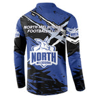 North Melbourne Football Club Button Sweatshirt Kangaroos Muscular Mascot Graphic - Abstract Paint Splatter Art