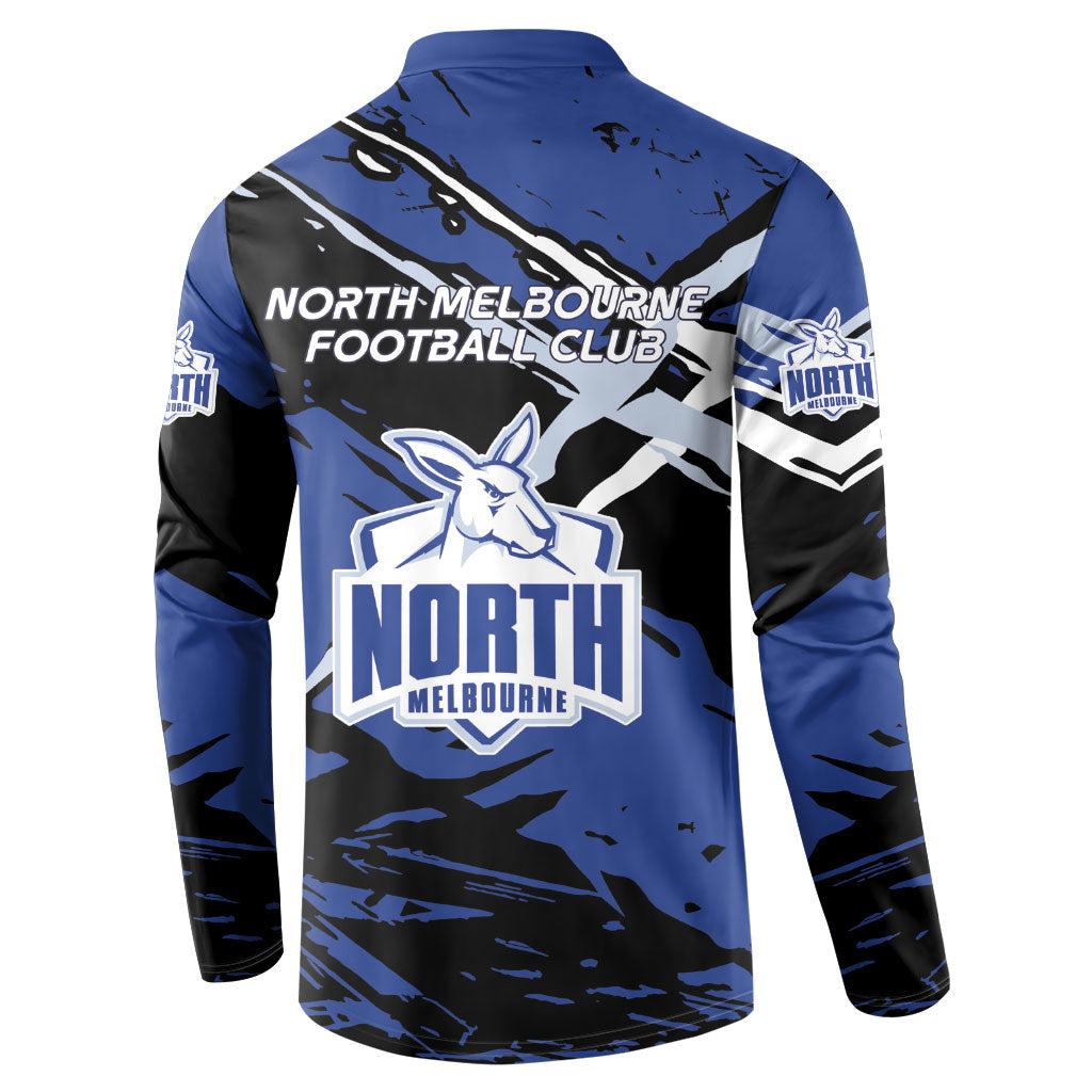 North Melbourne Football Club Button Sweatshirt Kangaroos Muscular Mascot Graphic - Abstract Paint Splatter Art