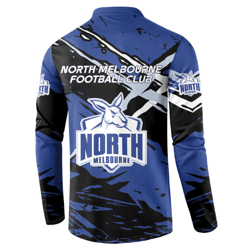 North Melbourne Football Club Button Sweatshirt Kangaroos Muscular Mascot Graphic - Abstract Paint Splatter Art