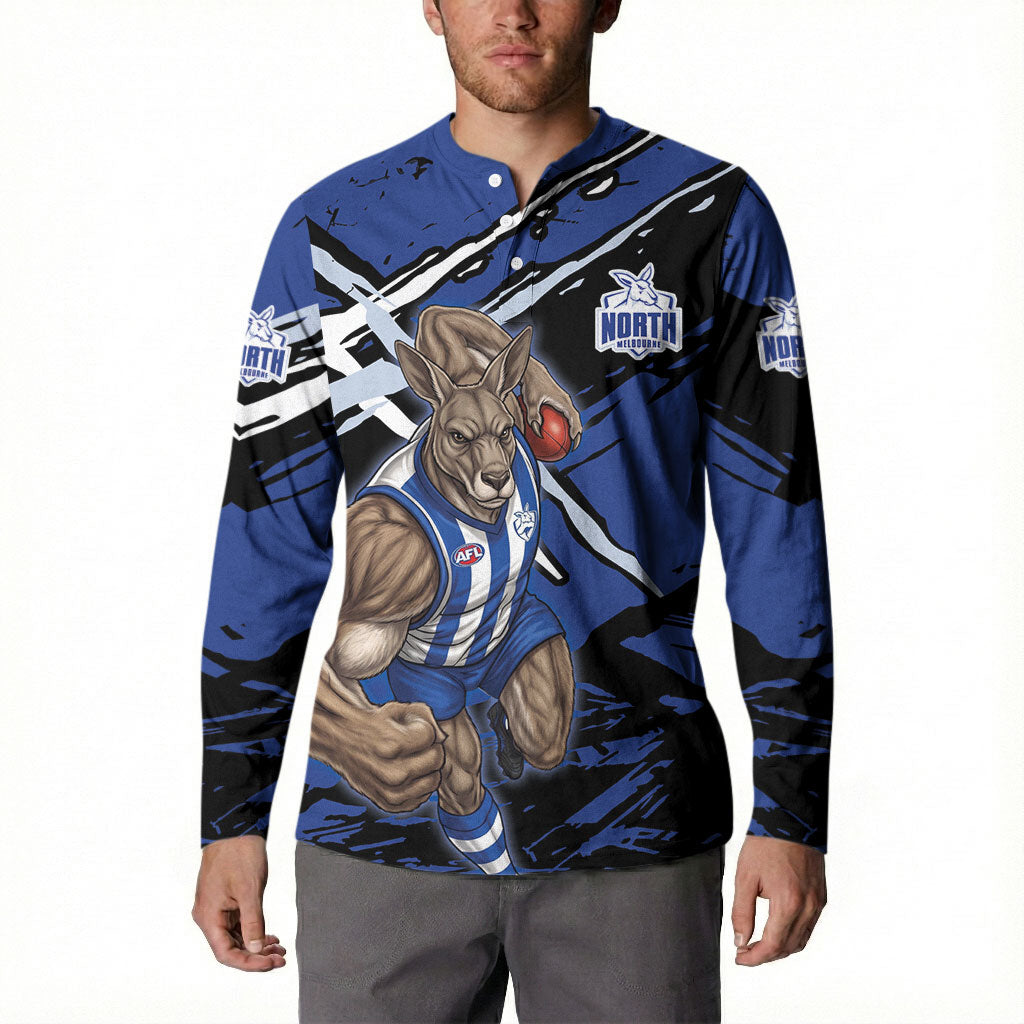 North Melbourne Football Club Button Sweatshirt Kangaroos Muscular Mascot Graphic - Abstract Paint Splatter Art