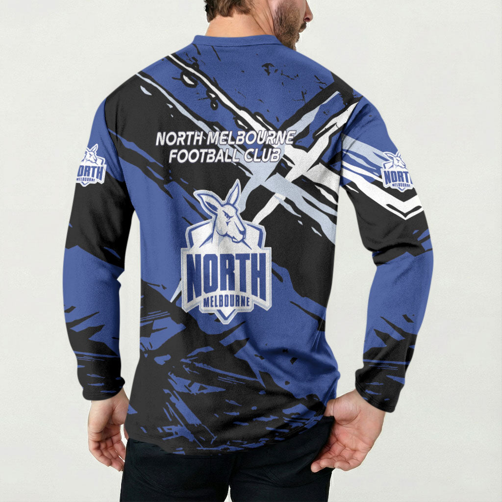 North Melbourne Football Club Button Sweatshirt Kangaroos Muscular Mascot Graphic - Abstract Paint Splatter Art