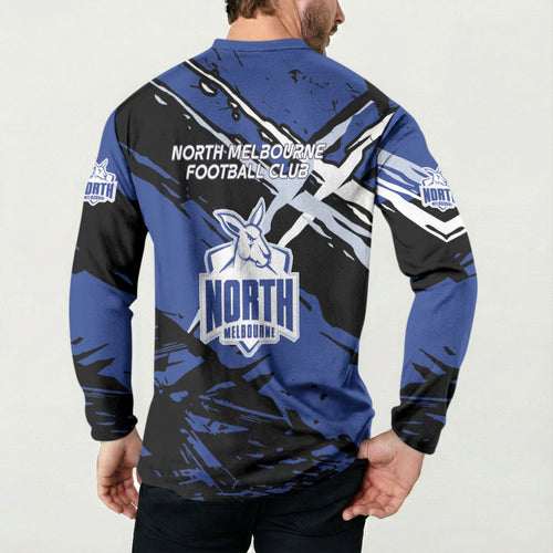 North Melbourne Football Club Button Sweatshirt Kangaroos Muscular Mascot Graphic - Abstract Paint Splatter Art