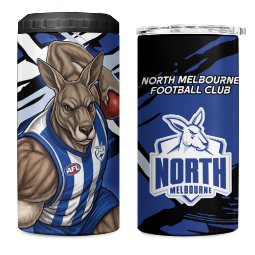 North Melbourne Football Club 4 in 1 Can Cooler Tumbler Kangaroos Muscular Mascot Graphic - Abstract Paint Splatter Art