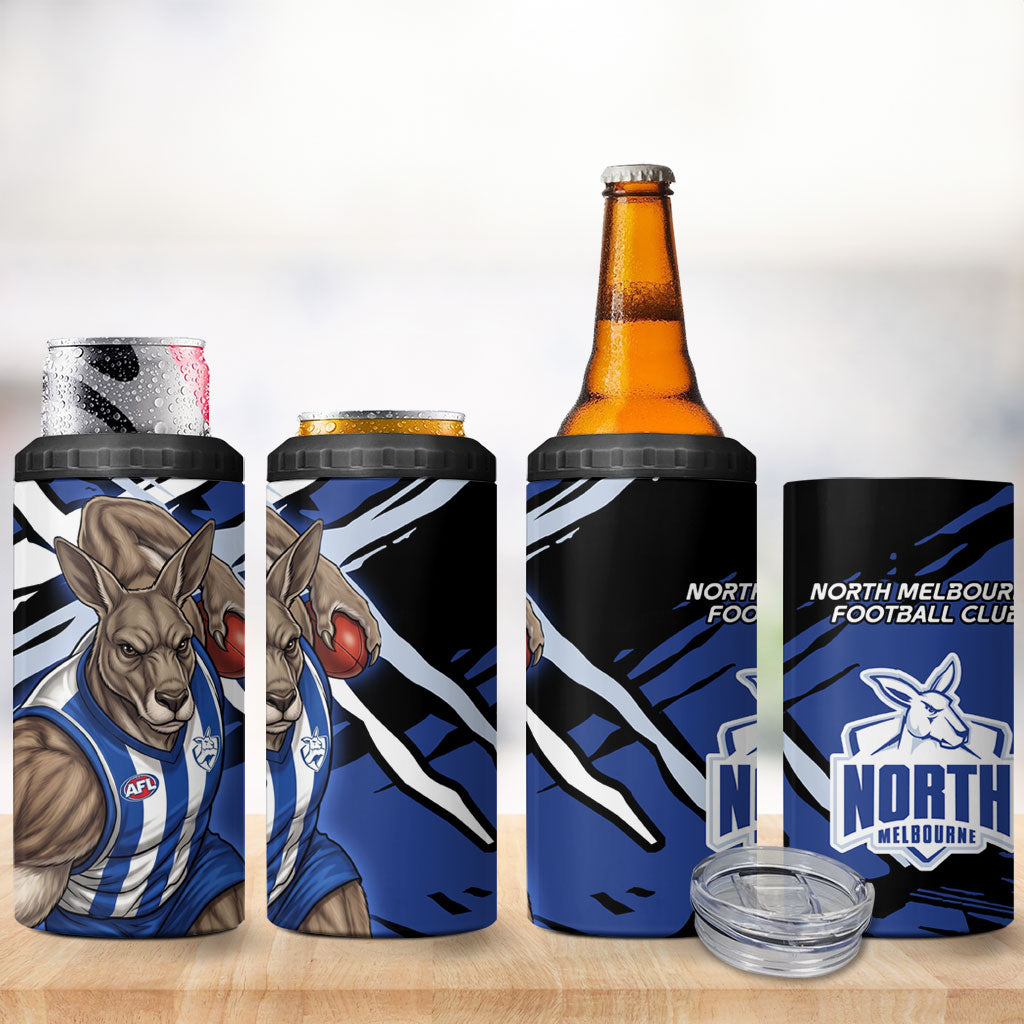 North Melbourne Football Club 4 in 1 Can Cooler Tumbler Kangaroos Muscular Mascot Graphic - Abstract Paint Splatter Art