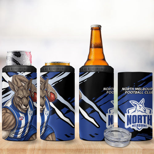 North Melbourne Football Club 4 in 1 Can Cooler Tumbler Kangaroos Muscular Mascot Graphic - Abstract Paint Splatter Art