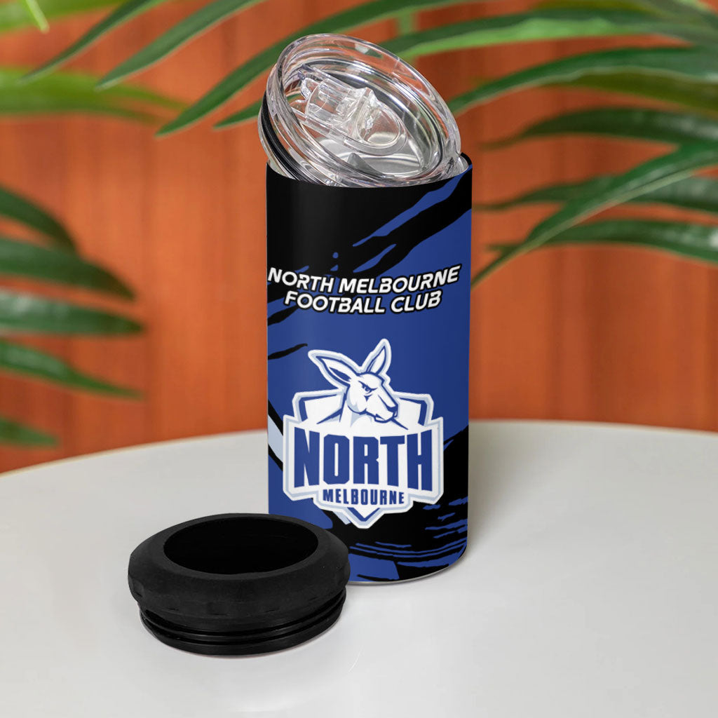 North Melbourne Football Club 4 in 1 Can Cooler Tumbler Kangaroos Muscular Mascot Graphic - Abstract Paint Splatter Art