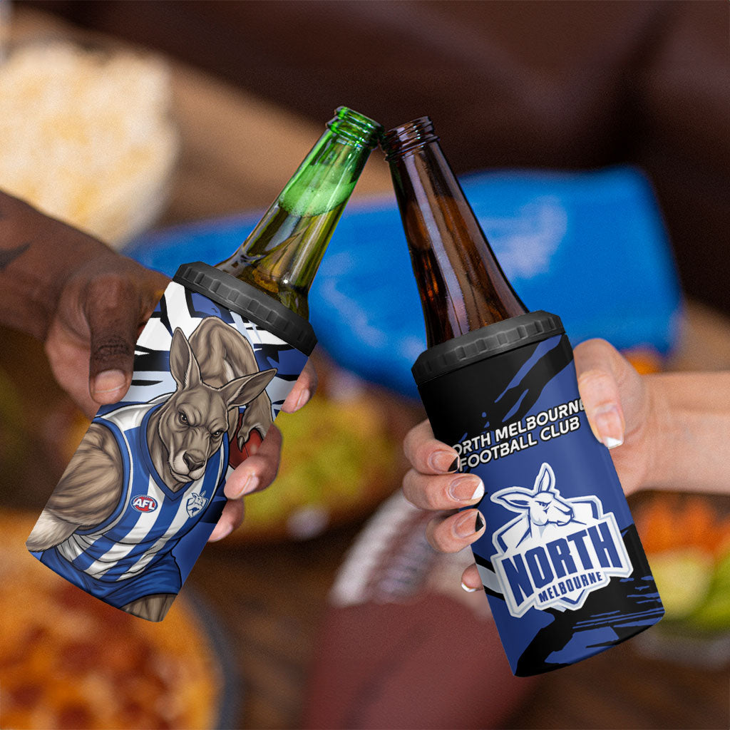 North Melbourne Football Club 4 in 1 Can Cooler Tumbler Kangaroos Muscular Mascot Graphic - Abstract Paint Splatter Art