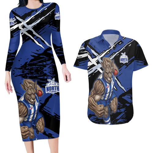 North Melbourne Football Club Couples Matching Long Sleeve Bodycon Dress and Hawaiian Shirt Kangaroos Muscular Mascot Graphic - Abstract Paint Splatter Art