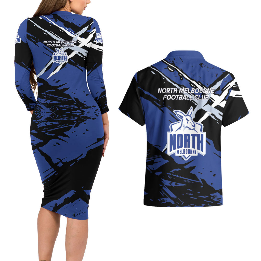 North Melbourne Football Club Couples Matching Long Sleeve Bodycon Dress and Hawaiian Shirt Kangaroos Muscular Mascot Graphic - Abstract Paint Splatter Art