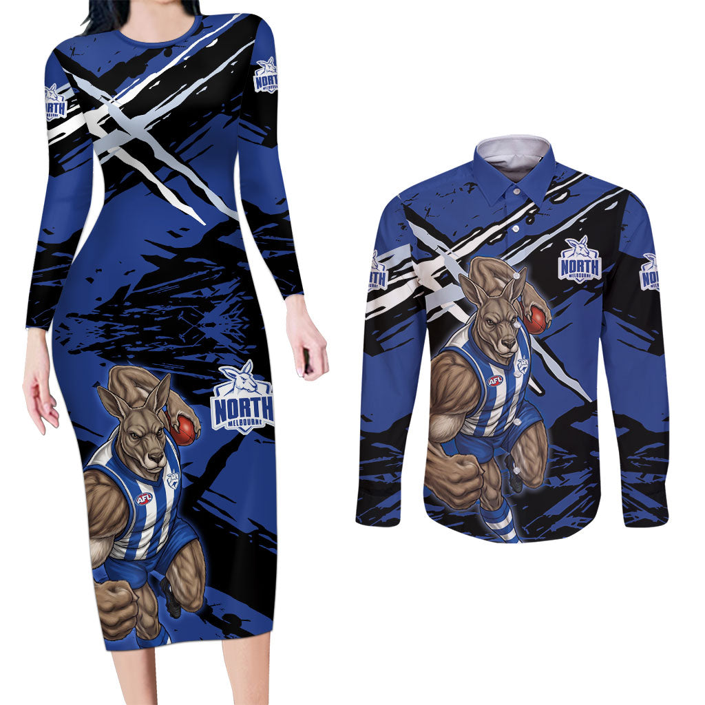 North Melbourne Football Club Couples Matching Long Sleeve Bodycon Dress and Long Sleeve Button Shirt Kangaroos Muscular Mascot Graphic - Abstract Paint Splatter Art