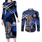 North Melbourne Football Club Couples Matching Long Sleeve Bodycon Dress and Long Sleeve Button Shirt Kangaroos Muscular Mascot Graphic - Abstract Paint Splatter Art