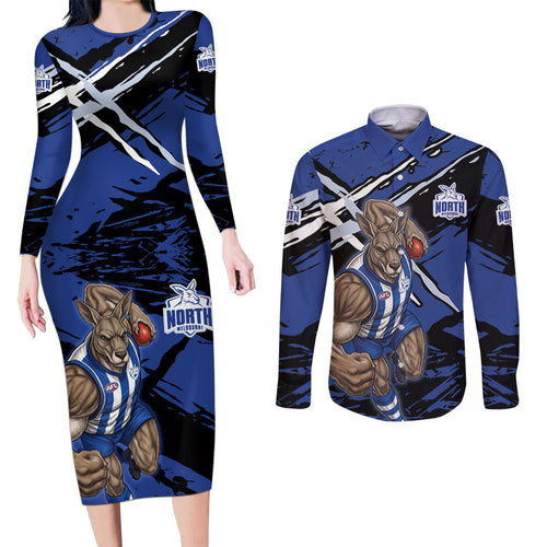North Melbourne Football Club Couples Matching Long Sleeve Bodycon Dress and Long Sleeve Button Shirt Kangaroos Muscular Mascot Graphic - Abstract Paint Splatter Art