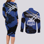North Melbourne Football Club Couples Matching Long Sleeve Bodycon Dress and Long Sleeve Button Shirt Kangaroos Muscular Mascot Graphic - Abstract Paint Splatter Art
