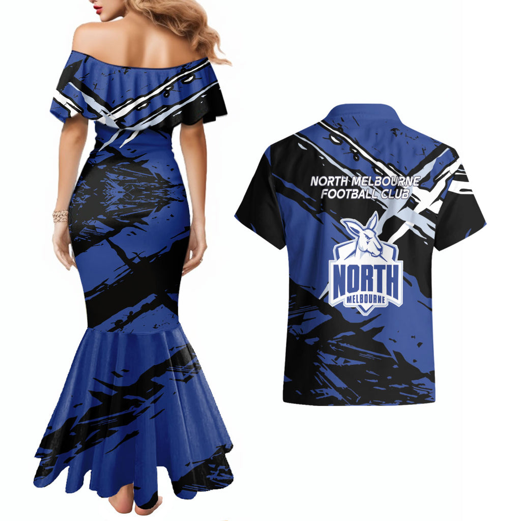North Melbourne Football Club Couples Matching Mermaid Dress and Hawaiian Shirt Kangaroos Muscular Mascot Graphic - Abstract Paint Splatter Art