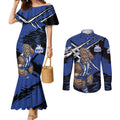 North Melbourne Football Club Couples Matching Mermaid Dress and Long Sleeve Button Shirt Kangaroos Muscular Mascot Graphic - Abstract Paint Splatter Art