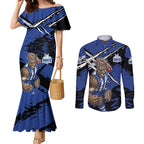 North Melbourne Football Club Couples Matching Mermaid Dress and Long Sleeve Button Shirt Kangaroos Muscular Mascot Graphic - Abstract Paint Splatter Art