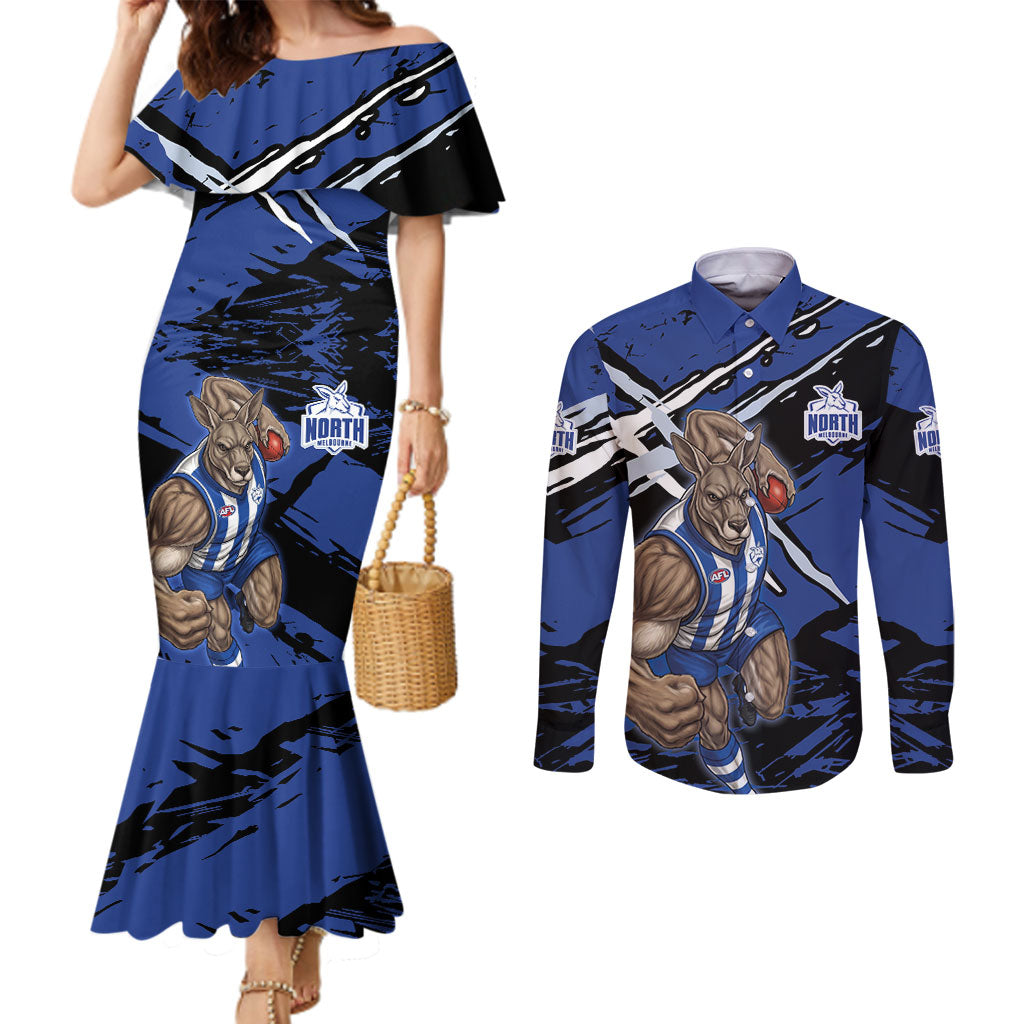 North Melbourne Football Club Couples Matching Mermaid Dress and Long Sleeve Button Shirt Kangaroos Muscular Mascot Graphic - Abstract Paint Splatter Art