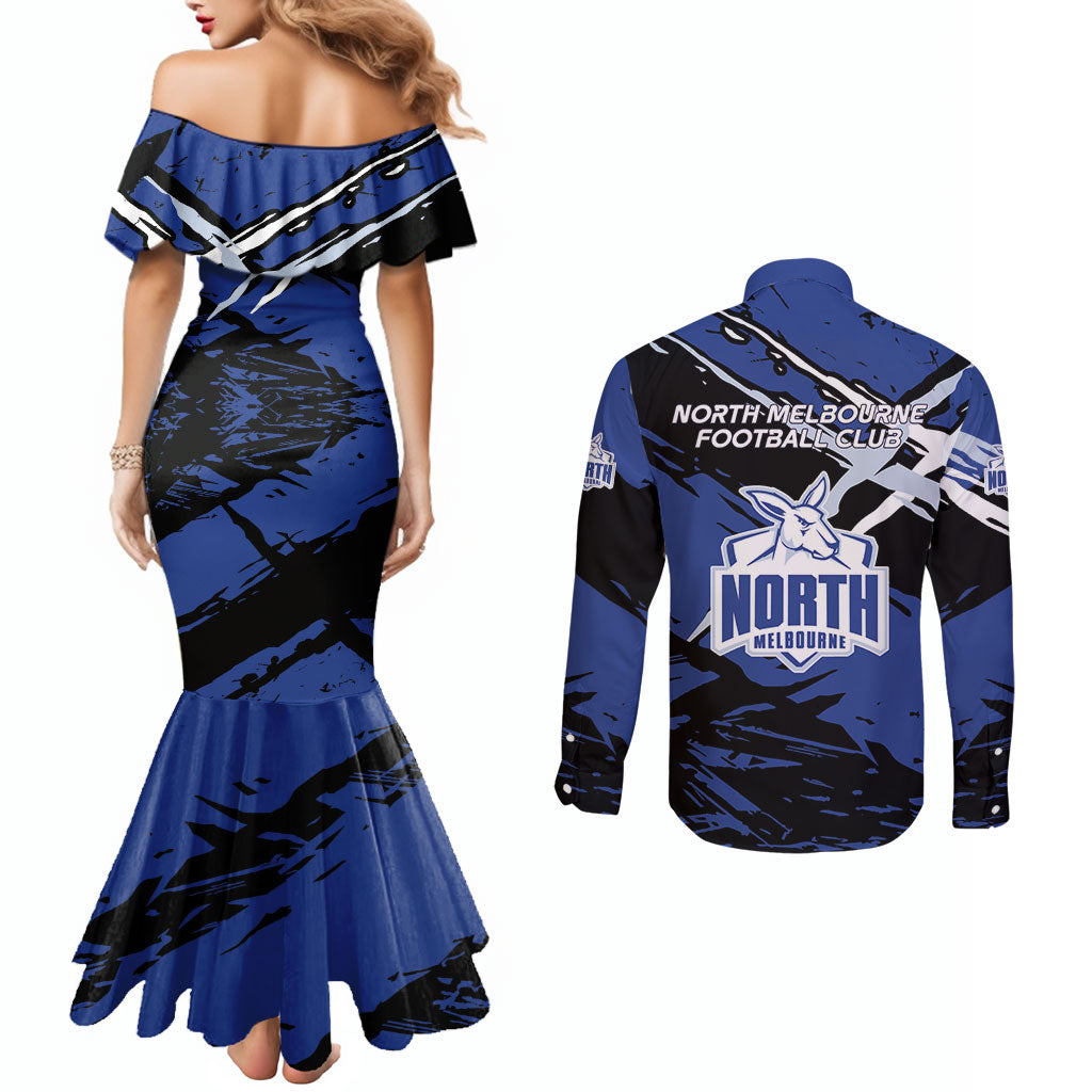 North Melbourne Football Club Couples Matching Mermaid Dress and Long Sleeve Button Shirt Kangaroos Muscular Mascot Graphic - Abstract Paint Splatter Art