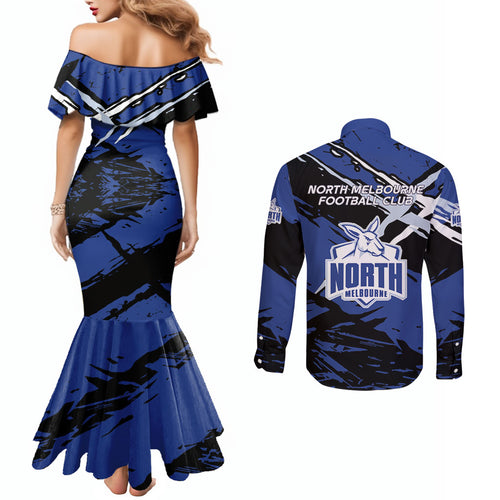 North Melbourne Football Club Couples Matching Mermaid Dress and Long Sleeve Button Shirt Kangaroos Muscular Mascot Graphic - Abstract Paint Splatter Art